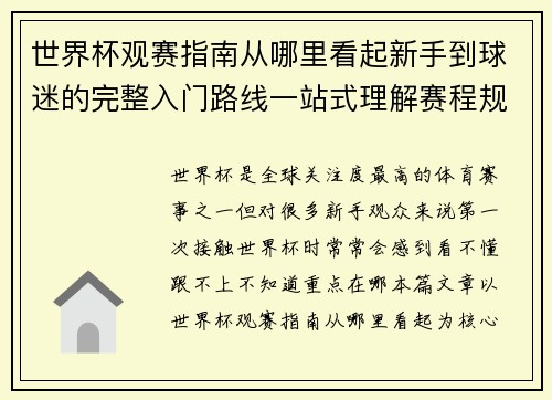 世界杯观赛指南从哪里看起新手到球迷的完整入门路线一站式理解赛程规则看点 世界杯观赛指南从哪里看起新手到球迷的完整入门路线一站式理解赛程规则看点