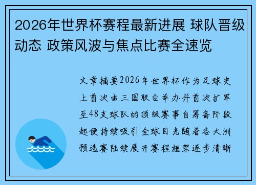 2026年世界杯赛程最新进展 球队晋级动态 政策风波与焦点比赛全速览 2026年世界杯赛程最新进展 球队晋级动态 政策风波与焦点比赛全速览